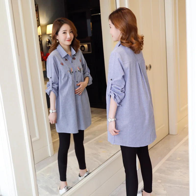 

Spring Loose Casual Maternity Blouses Butterfly Flower Embroidery Pregnant Long Shirts Clothes Striped Pregnancy Blouse Tops