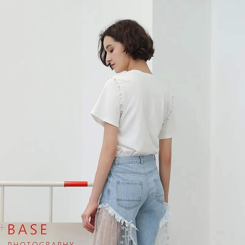 TWOTWINSTYLE Pearl Beading T Shirts For Women Short Sleeve Big Size Tops Female Shirt 2020 Summer Fashion Casual Clothing New | Женская