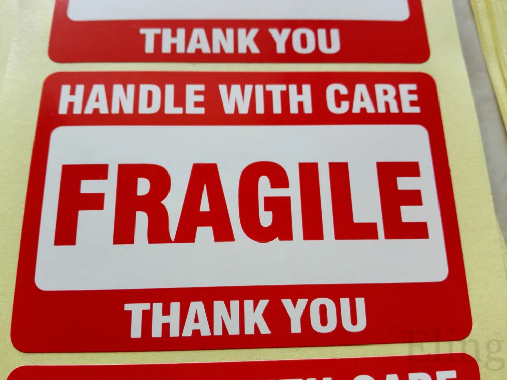 200pcs/lot 76x51mm HANDLE WITH CARE FRAGILE THANK YOU red color stickers, Item No.SS25