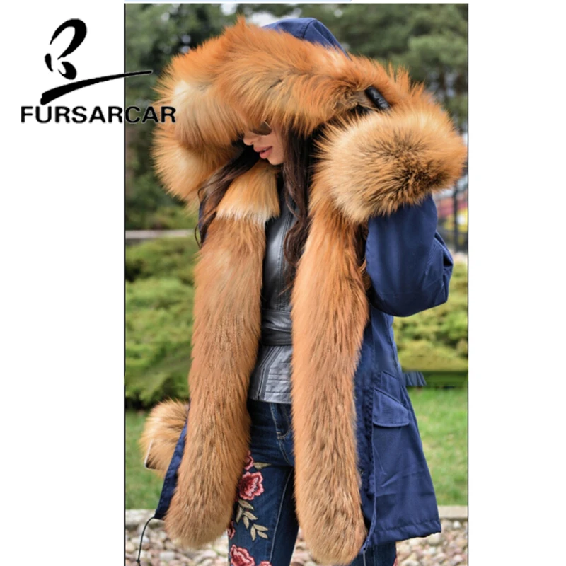 FURSARCAR New Style 2021 Real Fur Coat Parka Women With Big Gold Fox Fur Collar And Cuff Winter Luxury Thick Warm Fur Parka
