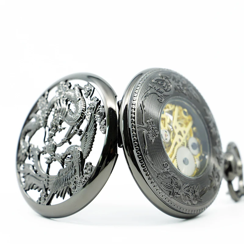 Exquisite Flying Dragon Phoenix Hollow Embossed Mechanical Pocket Watch Vintage Necklace Pendant Fob Chain Men's Watch Gift