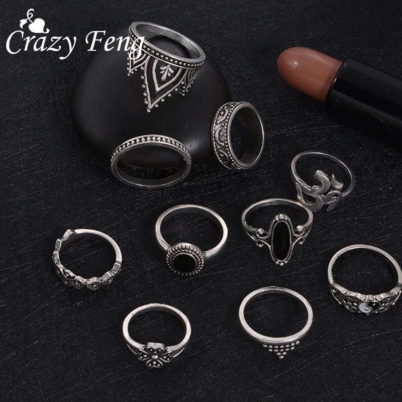Винтажный набор колец Crazy Feng 2017 миди с резной луной звездой и короной 10 шт./упак.