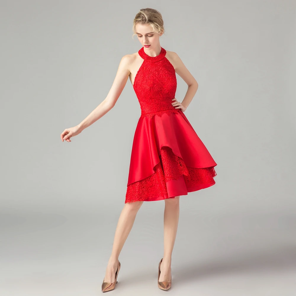 SSYFashion/новое коктейльное платье Красное Кружевное атласное мини с лямкой на шее и