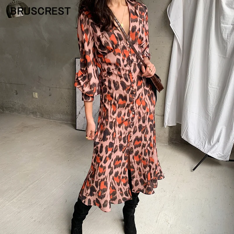 2019 летнее платье женское Бохо Винтажное с длинным рукавом леопардовое v образным