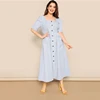SHEIN, платье размера плюс, синее, с карманом, с заплатками, на пуговицах, в полоску, с карманом,, женское летнее повседневное Цельнокройное расклешенное платье с квадратным вырезом