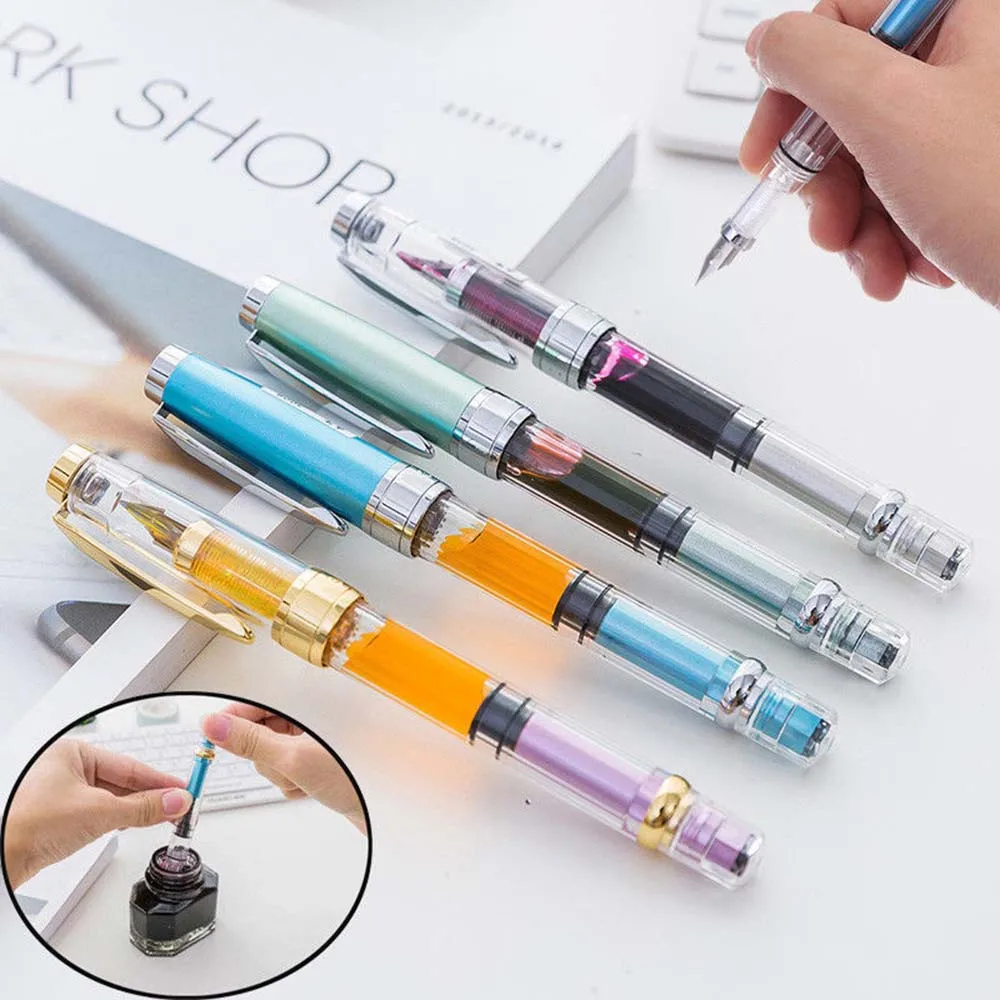 

New 2021 Fountain Pen Piston Transparent Gold/Silver Clip Fine Nib 0.5mm Wing Sung 3008 Fountain Pen