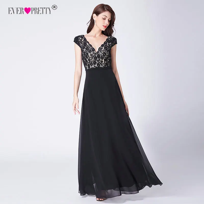 Ever Pretty Robe De Soiree длинные кружевные вечерние платья элегантные трапециевидные черные вечерние платья с v-образным вырезом и короткими рукавами EP07344BK