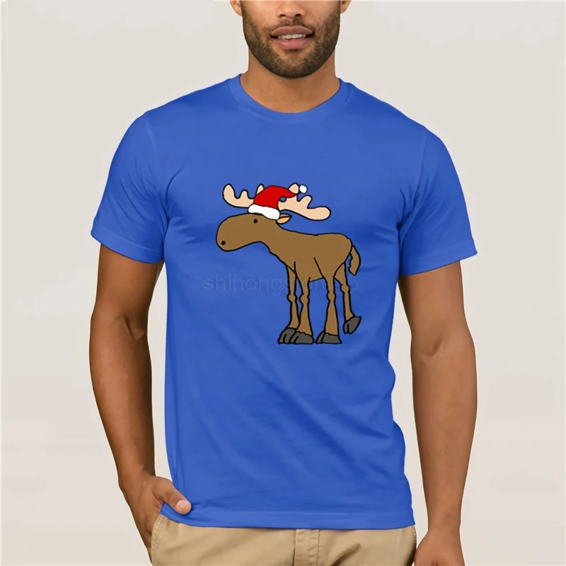 New Fashion T-shirt Men's Clothing Cute Moose wearing Santa hat Christmas Design T-Shirt Merry | Мужская одежда