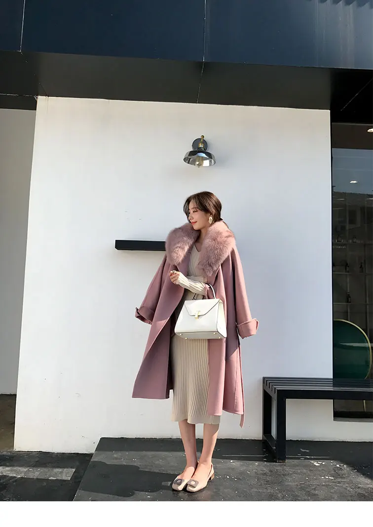 Rf0225 High Street шерстяное Женское пальто с воротником из натурального Лисьего меха с длинным рукавом и поясом шерстяное пальто