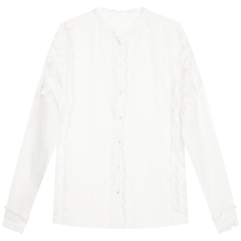 YIGELILA 2019 Latest Autumn Women Fashion Office Lady Casual All-match O-neck Full Sleeve White Lace Shirt 7544 |