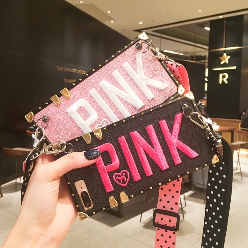 Luxury PINK Glitter Embroidery Leather Lanyard Brand Case for iPhone XR Max 7 8 6 s Plus X Samsung S8 S9 Note8 9 Secret |