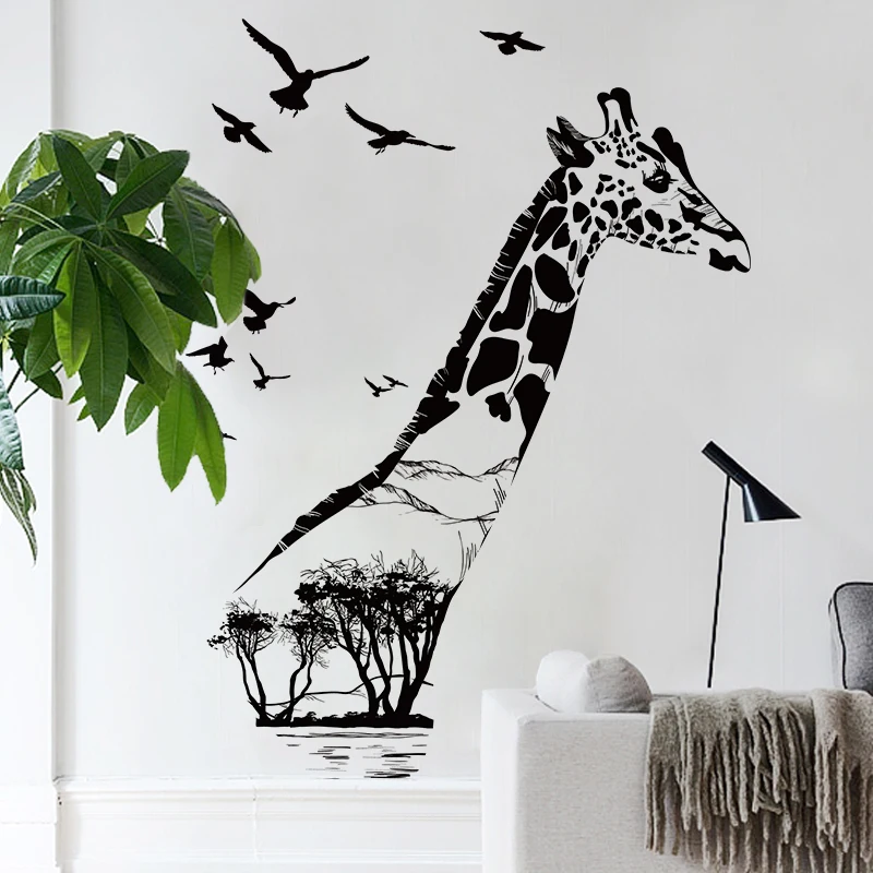 3D наклейка с жирафом и птицами силуэт ПВХ для дома декоративный фон декоративные
