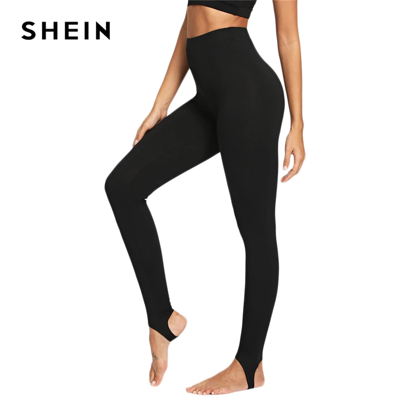 

SHEIN Black Casual High Rise Stirrup Solid Long Skinny Leggings 2018 Autumn Cool Women Pants Trousers