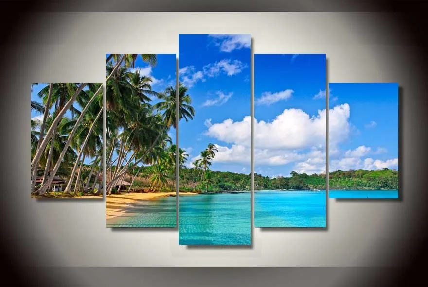 

2017 Limited New No Oil Wonderful Beach For Seascape Wall Painting Home Decor Print Art 5 Pcs Pictures For Living Room