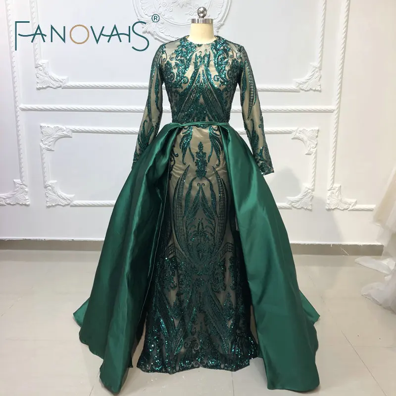 

Зеленый Муслин вечерние платья со съемным поезд блесток Русалка вечерние платья с длинными рукавами платья выпускного вечера 2019 вечернее п...