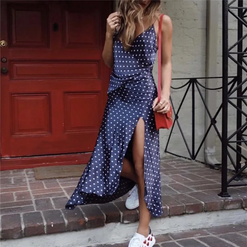 

Wave point with side slit fork strap dress female summer new