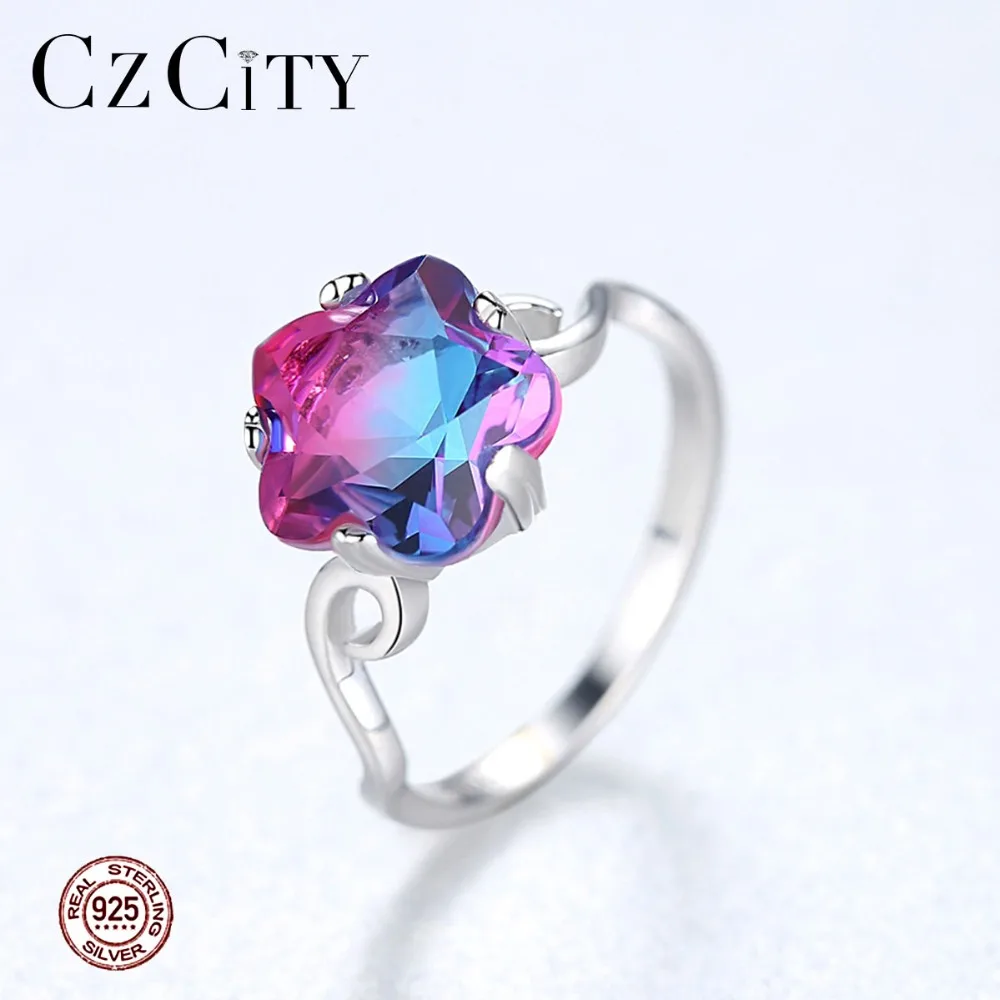 

CZCITY New High-quality Pure 925 Sterling Silver Flower Wedding Rings for Women Colorful Topaz Stone Luxury Jewelry Anillo Mujer