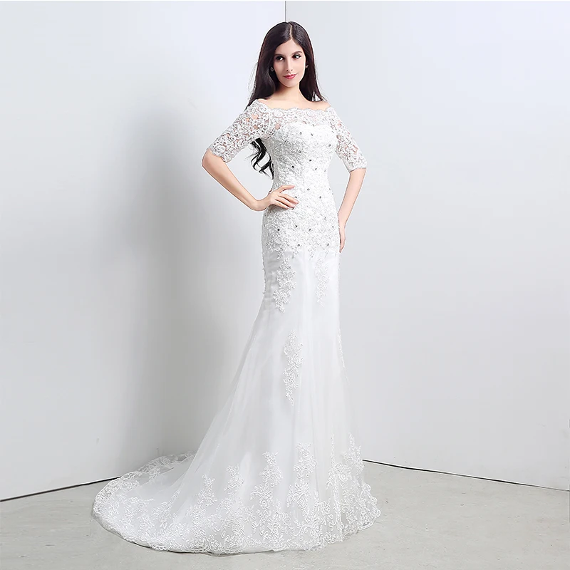 Vintage Mermaid Wedding Dresses Boat Neck Off The Shoulder Illusion Half Sleeves Appliques Diamonds robe de soiree Gowns | Свадьбы и