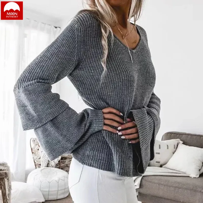 MOON IN THE SKY The New Bell Sleeve Warm Sweater Woman Autumn And Winter Knitting Shirt Solid Color MY-005 | Женская одежда