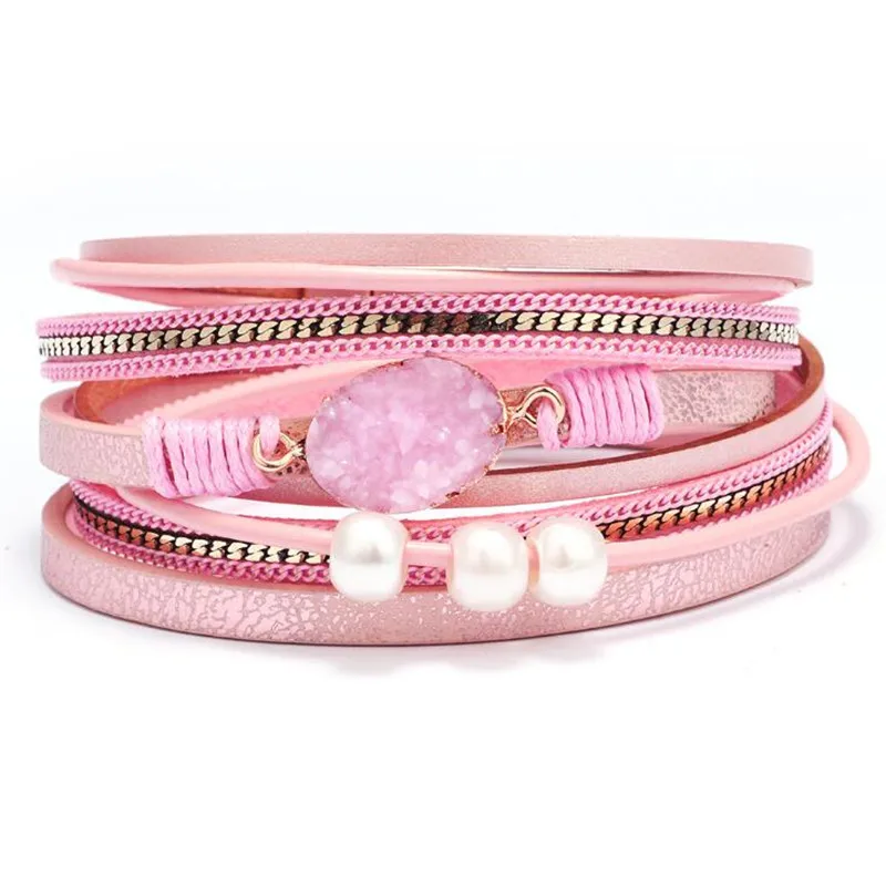pink DIEZI, многослойные браслеты с драгоценным камнем для женщин, горячий подарок, магнитная пряжка из искусственной кожи стразы, жемчужные браслеты - Окраска металла: pink