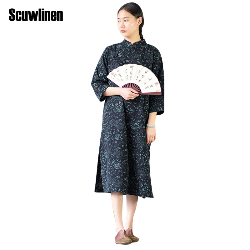 SCUWLINEN Vestidos, женское весеннее летнее платье, винтажное, с принтом, на кнопках, три четверти, свободное льняное платье, Повседневное платье S299