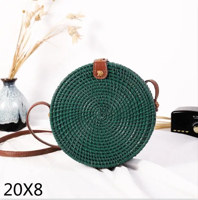 green20x8cm Новые черные круглые сумки из ротанга для женщин, богемная пляжная сумка-Кроссбоди, соломенная ручная работа, тканая круглая сумка на плечо, женские сумки - Цвет: green20x8cm