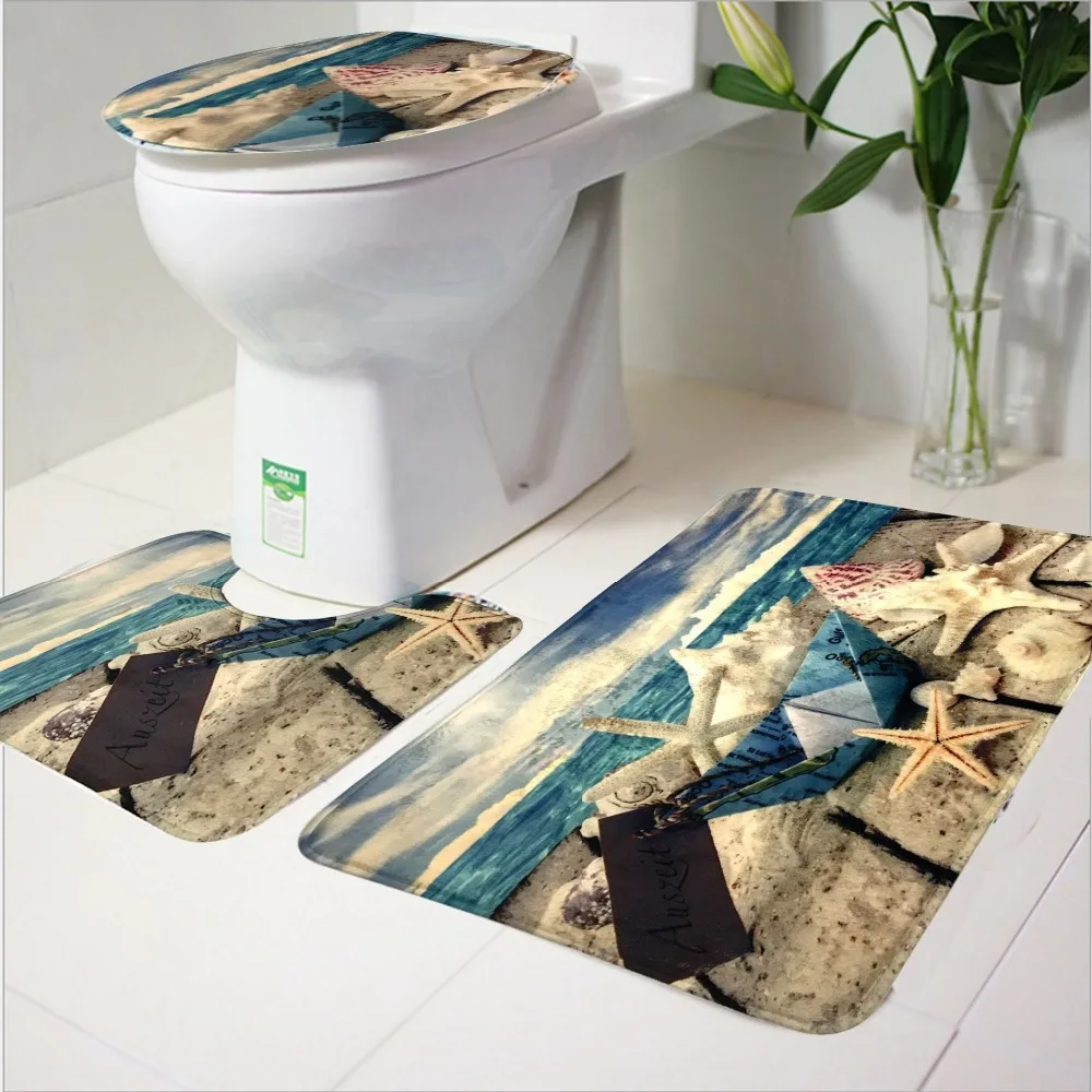 

3 Piece Set Of Anti-Slip Mat Bathroom Carpet Ocean Underwater World Toilet Mat Carpet Cover Toilet Lid Bath Products