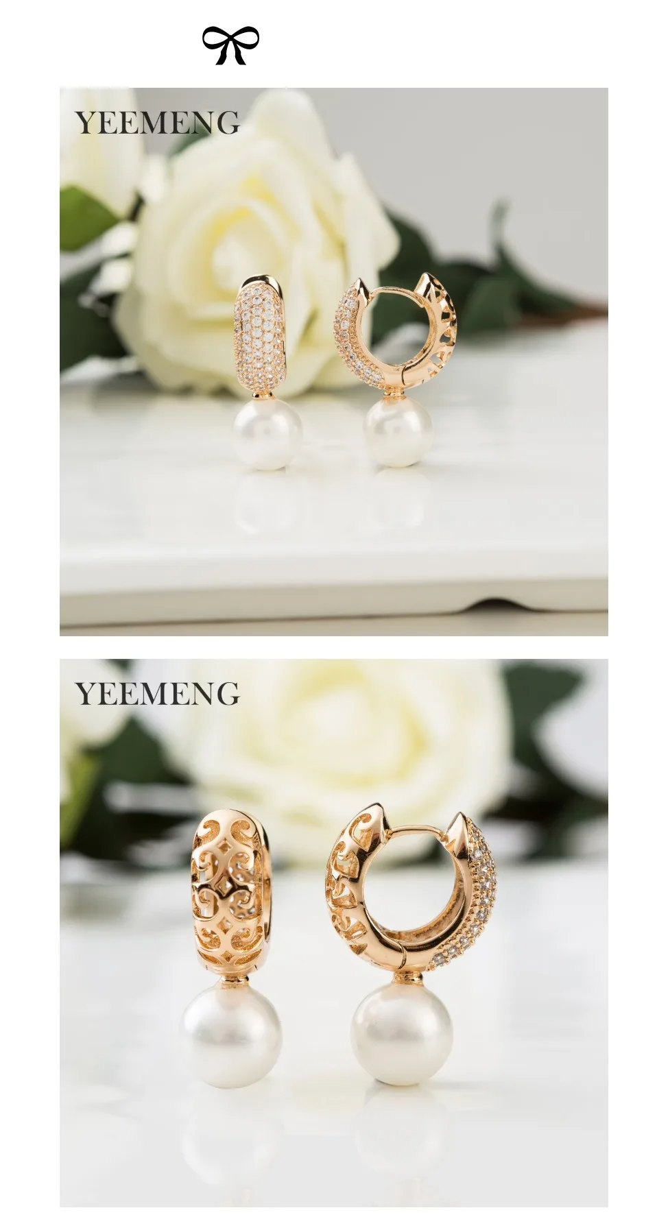 YEEMENG 585, розовое золото, новинка, роскошные круглые Висячие серьги, натуральный циркон, имитация жемчуга, висячие серьги для женщин, девушек, для свадебной вечеринки
