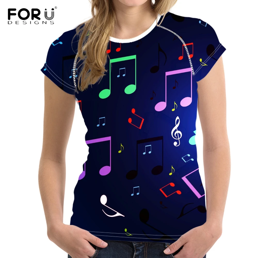 

FORUDESIGNS Stylish Music Note Print Summer T Shirts for Teen Girl Fitness O Neck T-shirts Harajuku Musical Design Woman Top Tee