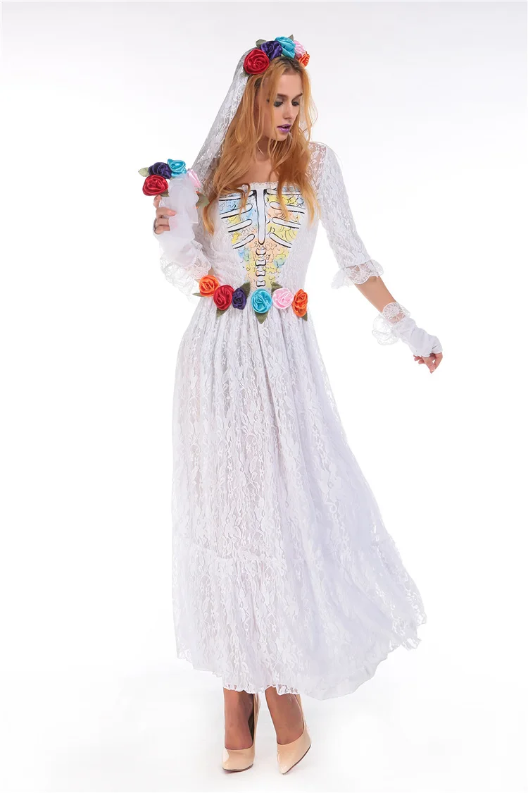 Женское белое платье принцессы для косплея одежда взрослых с черепом и зомби