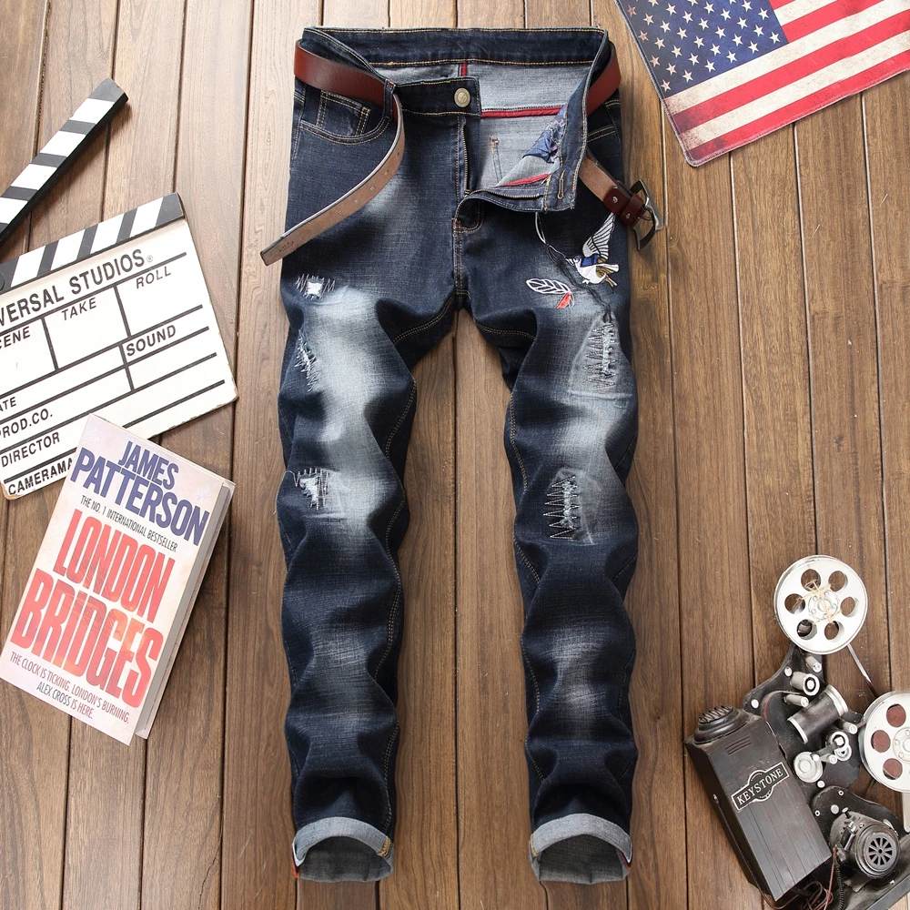 

Мужские рваные джинсы с 3d вышивкой, повседневные джинсовые брюки большого размера 29-38, новинка 2019