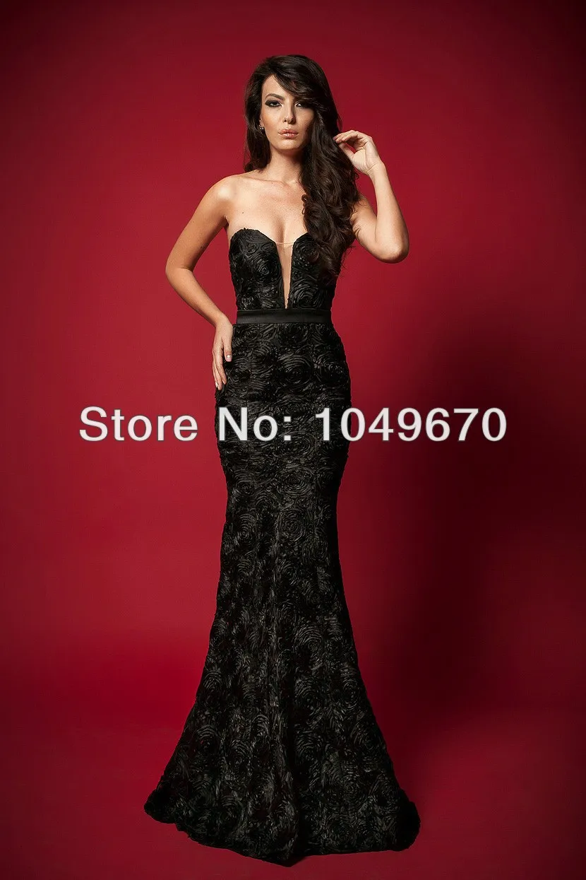 Горячие Продажи Черный Милая Кружева Русалка Пром Платья С Поясами Flower Вечерних