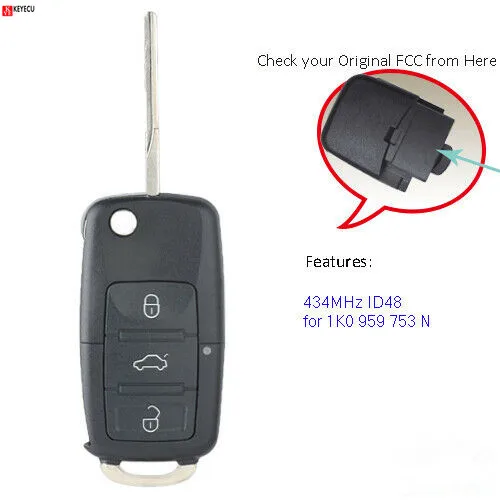 Новый дистанционный ключ Keyecu 434 МГц ID48 для Volkswagen Seat Skoda 2004 2005 2006 2007 2008 2009 2010 2011 - 1K0 959