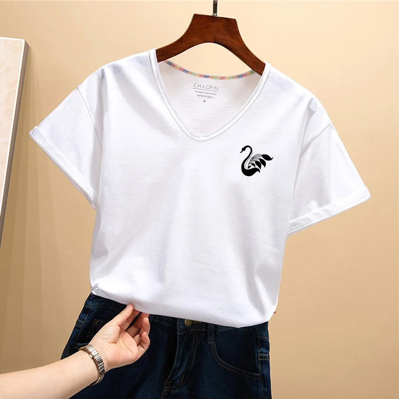 2019 Летняя женская футболка с принтом черного лебедя v образным вырезом белая