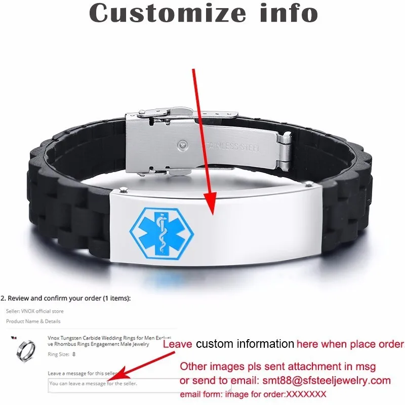Custom BL Vnox, мягкий, комфортный, износостойкий, силиконовый браслет для мужчин, персональный, медицинский, браслет из нержавеющей стали, идентификационная бирка, аутизм, аварийное напоминание - Окраска металла: Custom BL