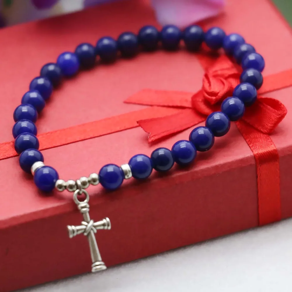 Браслет из натурального камня 6 мм этнический стиль Синий Лазурит халцедон