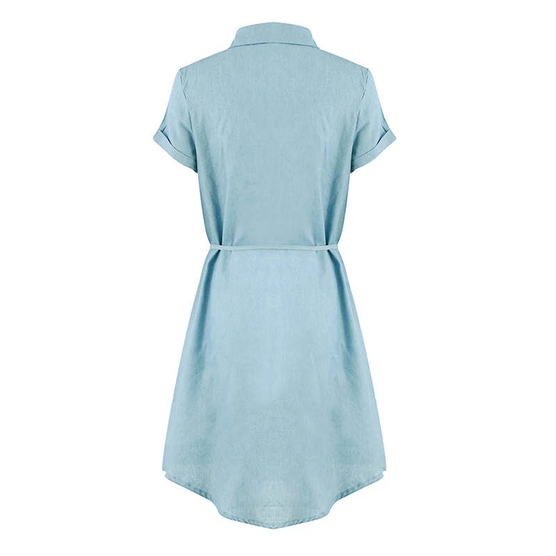 Модное женское джинсовое платье с отложным воротником коротким рукавом осень 2019