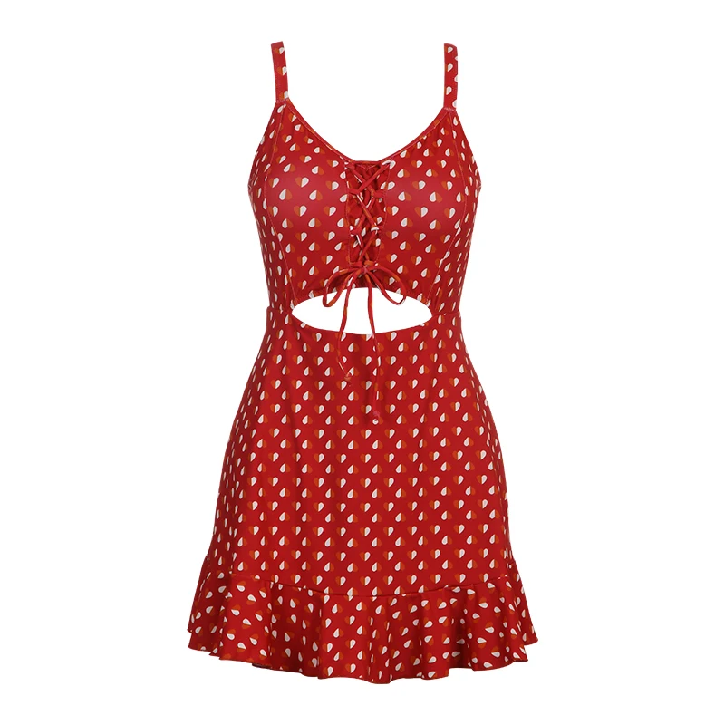 2019 New Arrival Dot Print Skirt Swimwear Sexy Waist Hollow One piece Swimsuit Cross Strap Slim fit Women Bathing Suits | Спорт и