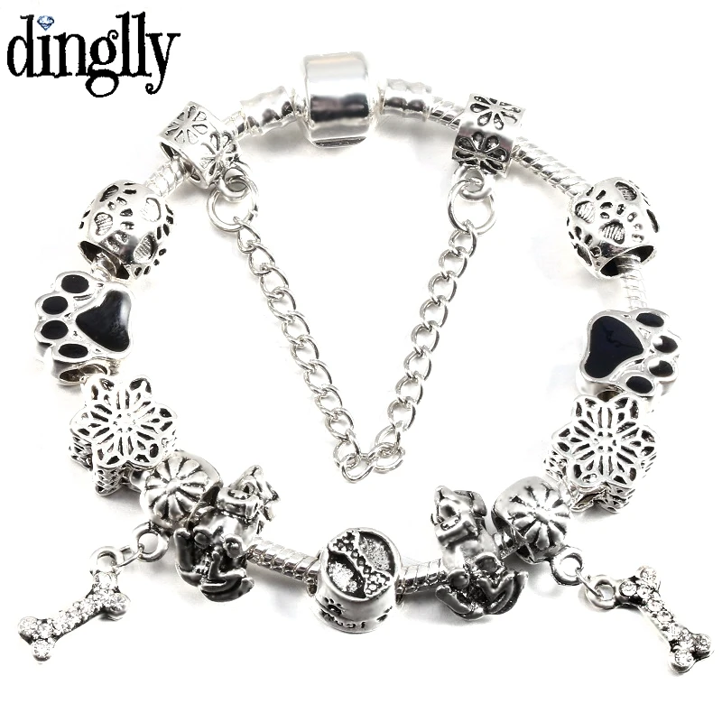 DINGLLY серебряные бренды браслеты для женщин и мужчин DIY мультфильм отпечатки собачьих лап бусины блестящие подвески с костями браслеты и браслеты подарки