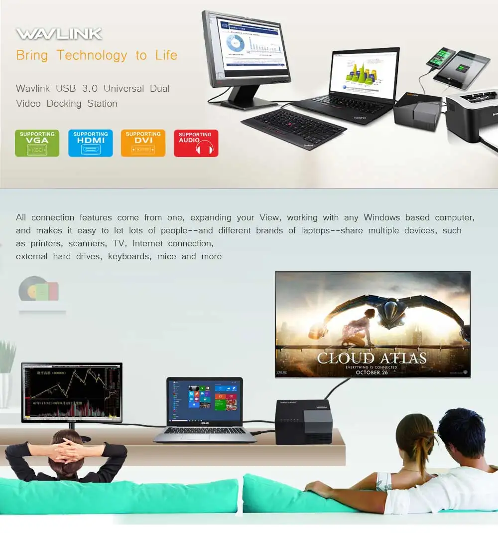 Универсальная док-станция Wavlink Внешний USB 3,0 Dual Video DisplayLink usb-хаб Full HD 1080P 2048x1152 DVI HDMI для портативных ПК