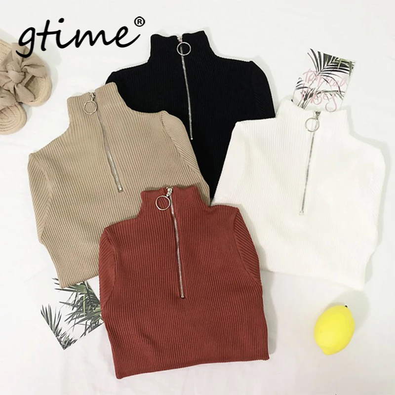 Gtime дропшиппинг Повседневный свитер на молнии Женский водолазка однотонный