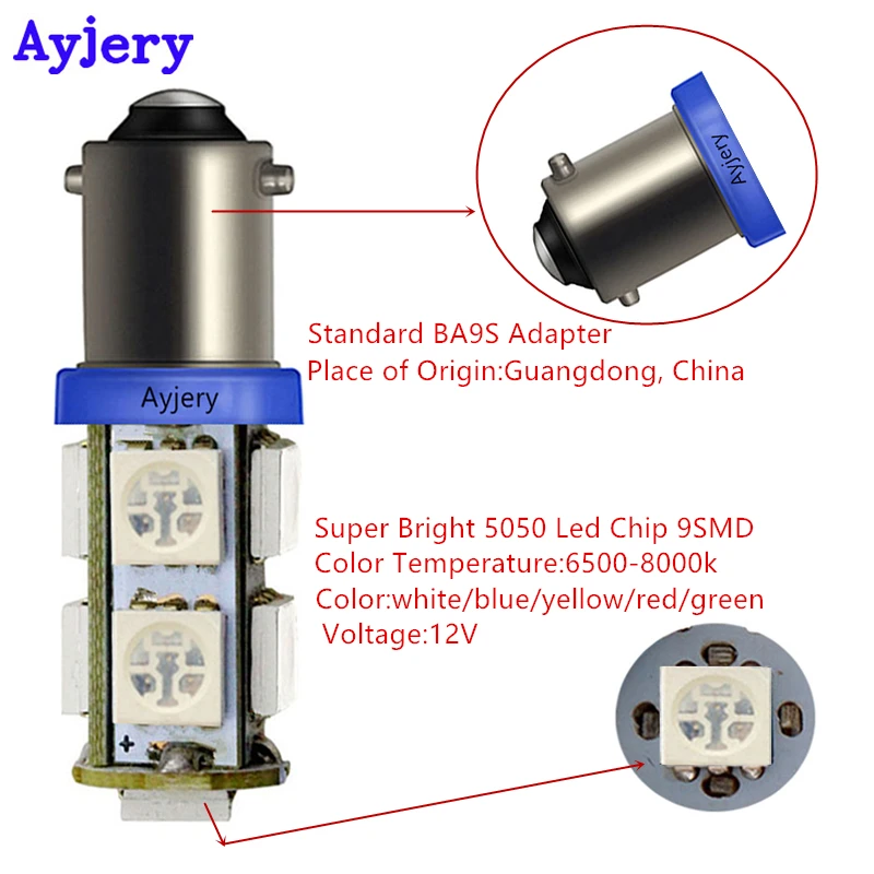 AYJERY 10 шт. BA9S светодиодный 5050 9 SMD Автомобильный бортовой светильник интерьерные