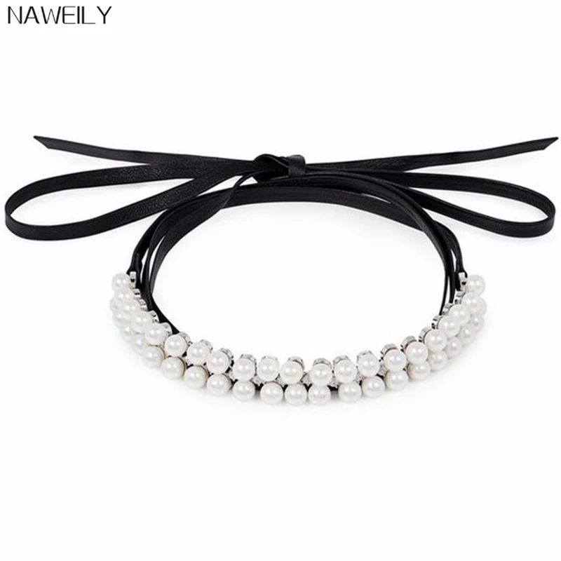 Мода нескольких слоев PU Чокеры ожерелья Имитация Pearl короткое ожерелье для