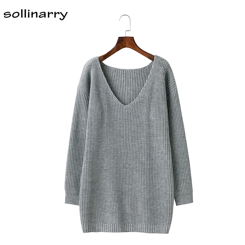 Sollinarry V Neck Off Shoulder Women's Knitted Sweater Dress Full Sleeve Long Casual Jumper Femme Pullover Autumn Winter Vestido | Женская