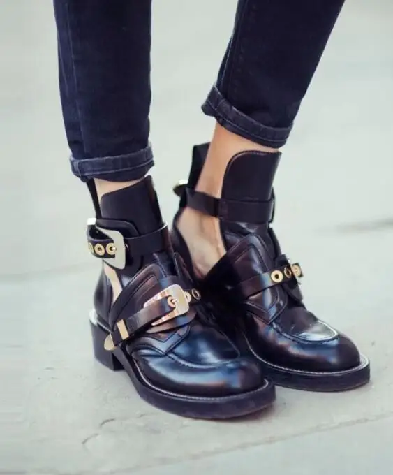 

fashion women ankle buckle boots thick heel motorcycles booties cuts out lady cool bota keep warmblack leather gladiator boots