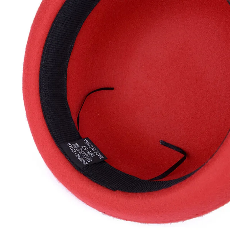 

2017 Fall Winter Women Girls Fedoras Hat British Vintage Wool Felt Hats Chapeau Top Church Cap Black Red Solid Bowler Caps
