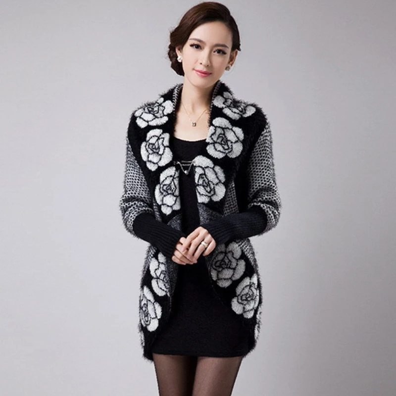 New Spring Autumn Women Korean Fashion Flower Mohair Knit Shawl Cardigan Sweater styleFemale Medium Long Sweaters WKM557 |