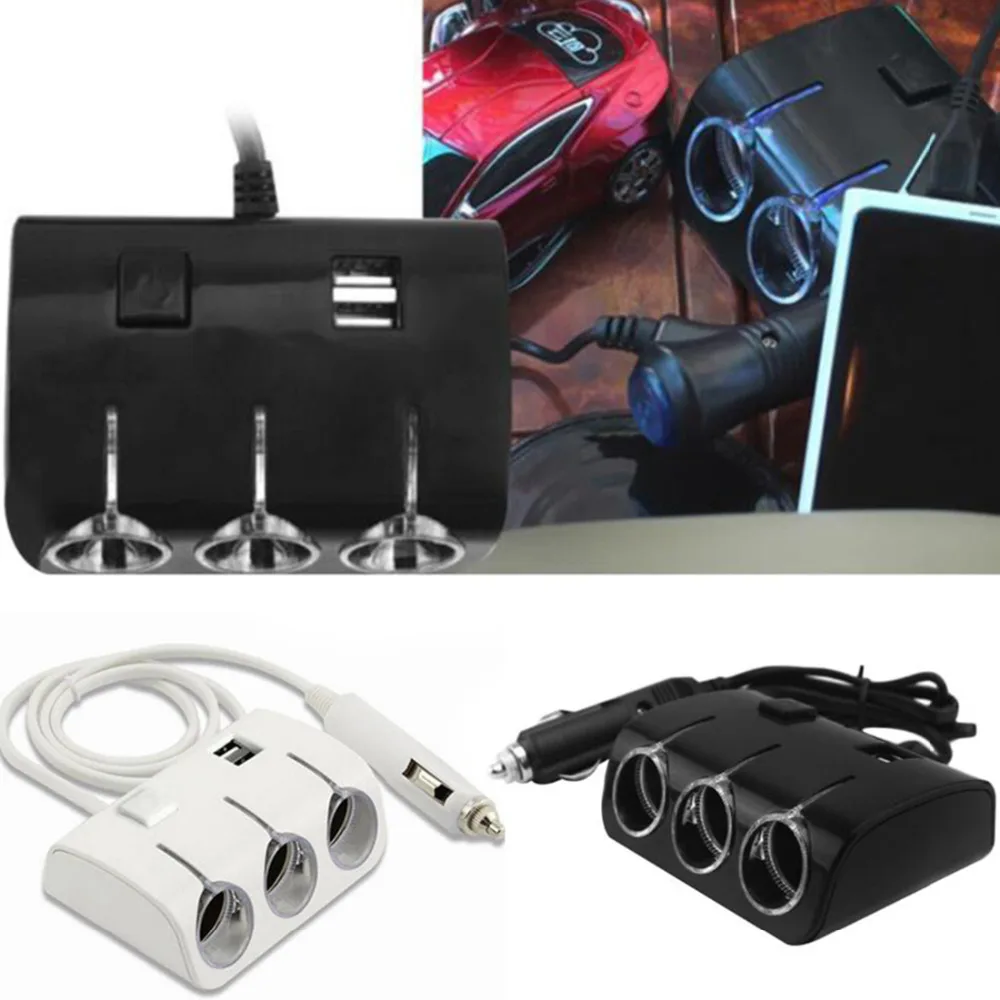 

120W Auto Cigarette Lighter Splitter Power 2 USB Ports Car Charger Adapter With Switch Hand Accessory 3 Sockets