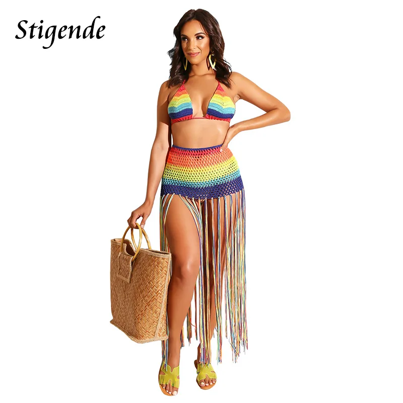 Stigende Summer Beach Hollow Two Piece Crochet Set Women Sexy Rainbow Tassels 2 Skirt Knitted See Through 2pcs Outfits |