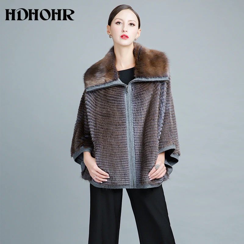 HDHOHR 2022 Knitting Mink Fur Coat Women Lapel Bat Sleeves High Quality Winter Fashion Real Mink Fur Coats Large Size Fur Jacket